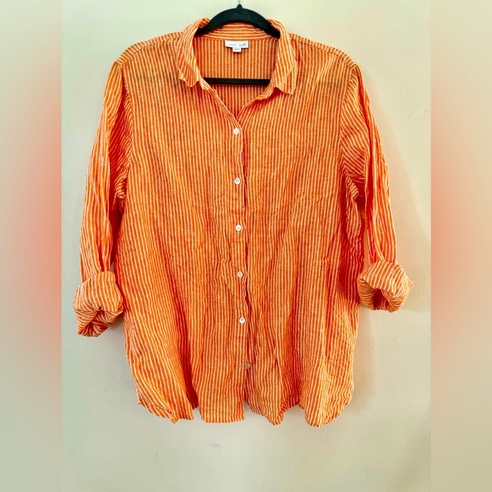 J. Jill Love Linen Orange & Cream Striped Buttondown L